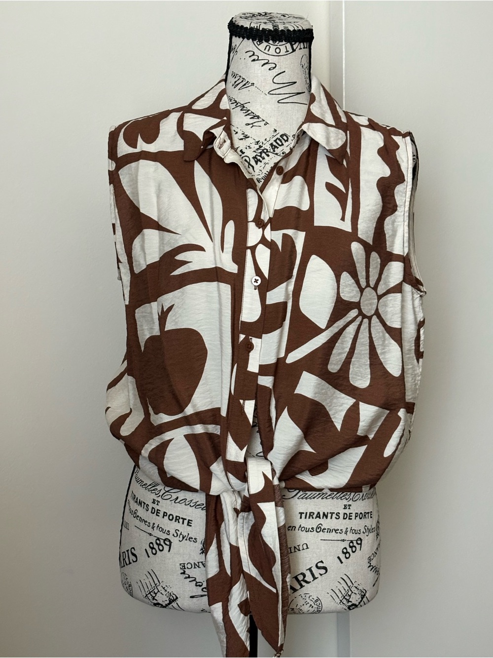 Joie Brown & White Sleeveless Tie-Front Button Down Shirt